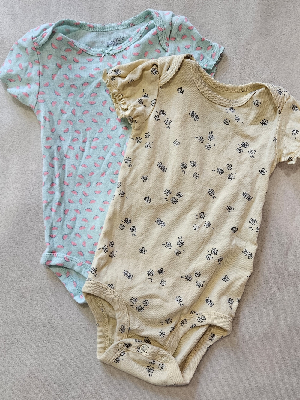 Simple Two-Pack Baby Girls Bodysuits - Mint Pink & Yellow Floral - 6-9 Months